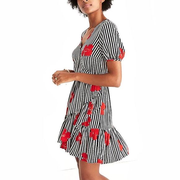 Madewell - Mini Ruffle Wrap Dress, Striped Floral - Size 00, Black, White, Red - Picture 2 of 16